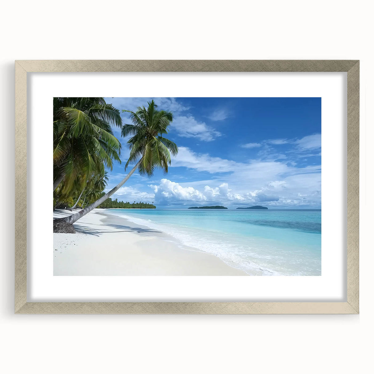 Landscape artwork featuring serene beach scenery inside a sleek silver frame with a mat, showcasing vibrant colors and tranquil ocean waves, perfect for home decor.