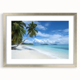 Landscape artwork featuring serene beach scenery inside a sleek silver frame with a mat, showcasing vibrant colors and tranquil ocean waves, perfect for home decor.