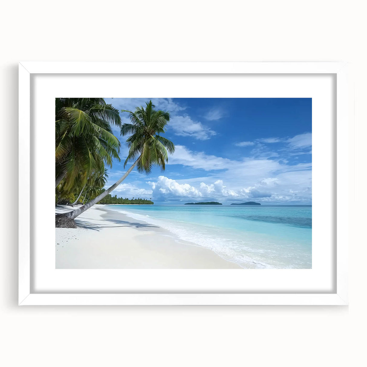 Frame showcasing a landscape beach scene in a white mat, emphasizing vibrant colors and serene ocean waves, perfect for home or office decor.