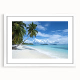 Frame showcasing a landscape beach scene in a white mat, emphasizing vibrant colors and serene ocean waves, perfect for home or office decor.