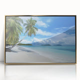 Framed acrylic artwork showcasing a serene beach landscape with golden hues, perfect for home decor. The piece highlights soft waves and a tranquil sky, creating a calming atmosphere.