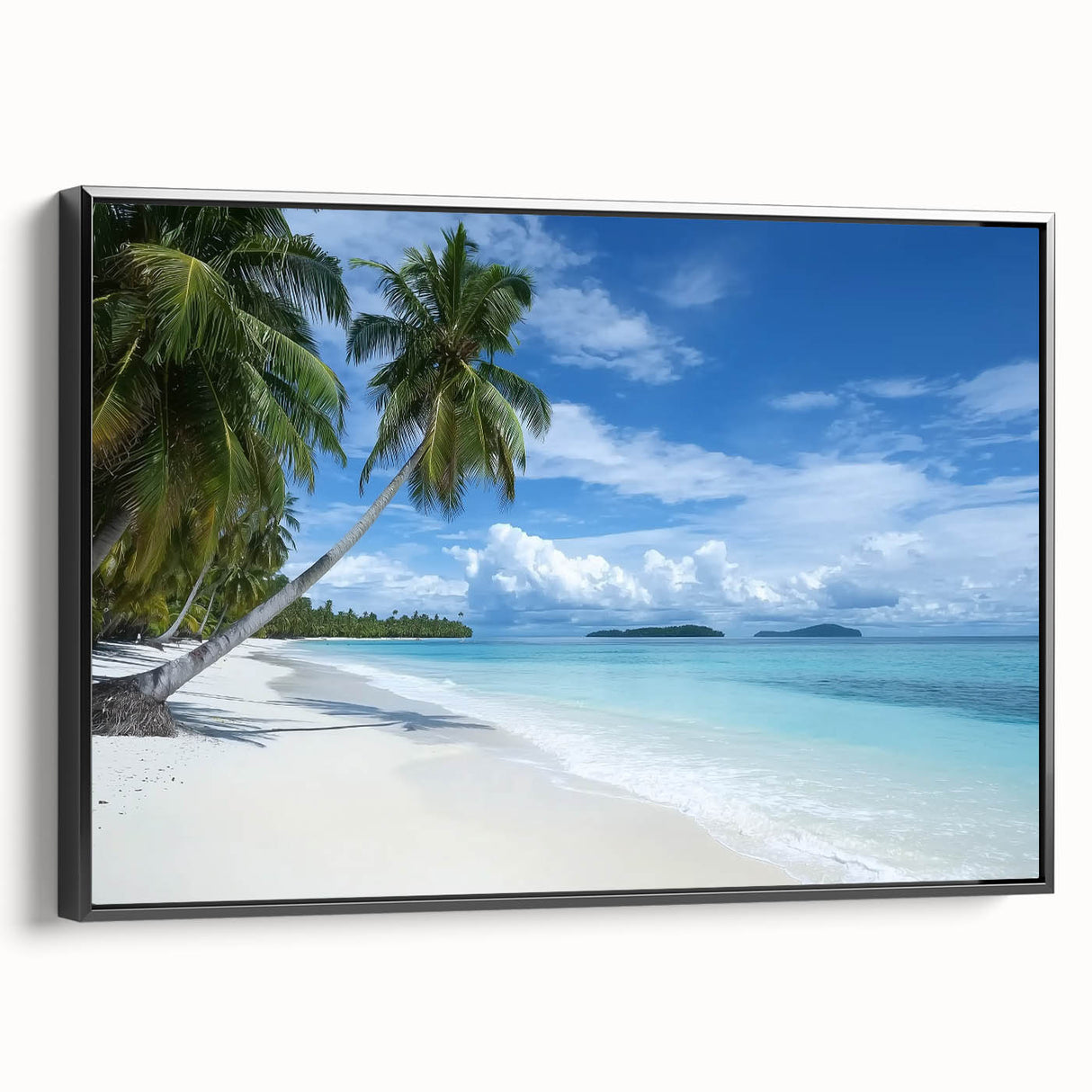 Framed canvas artwork depicting a serene beach landscape with vibrant colors, featuring a black frame and side view showcasing its elegant design. Ideal for coastal-themed decor.