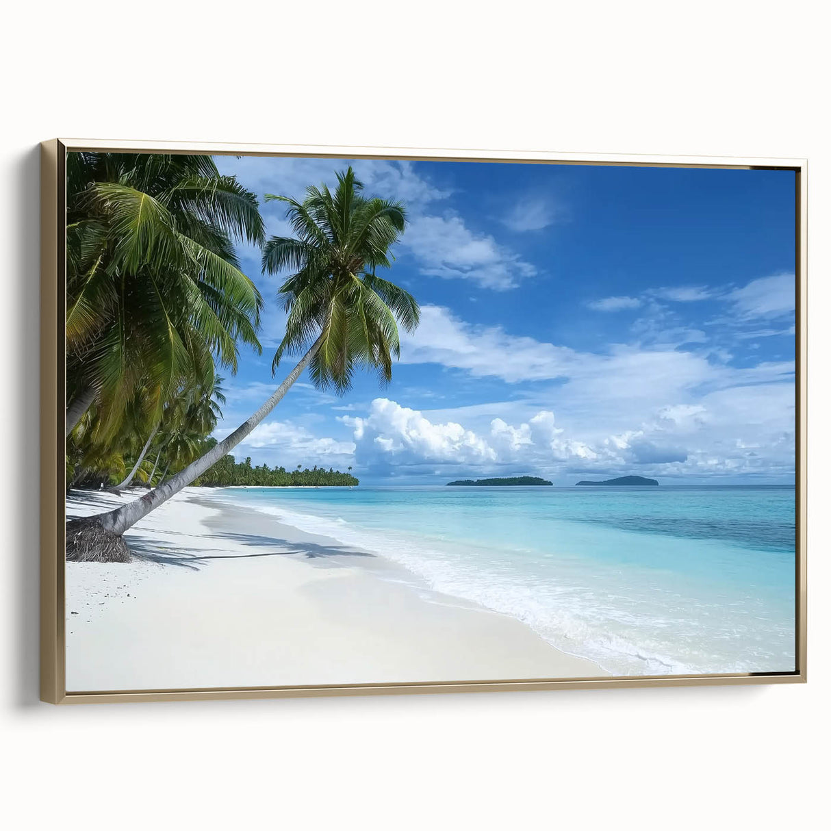Framed canvas artwork showcasing a serene beach landscape with golden accents, highlighting vibrant colors and intricate details, ideal for coastal-themed decor.