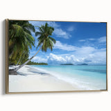 Framed canvas artwork showcasing a serene beach landscape with golden accents, highlighting vibrant colors and intricate details, ideal for coastal-themed decor.