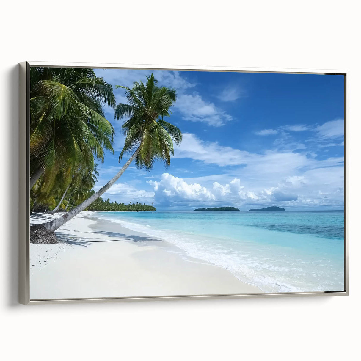 Framed canvas artwork depicting a serene beach landscape, featuring soft pastel colors and a silver frame, ideal for coastal-themed home decor.