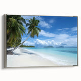 Framed canvas artwork depicting a serene beach landscape, featuring soft pastel colors and a silver frame, ideal for coastal-themed home decor.