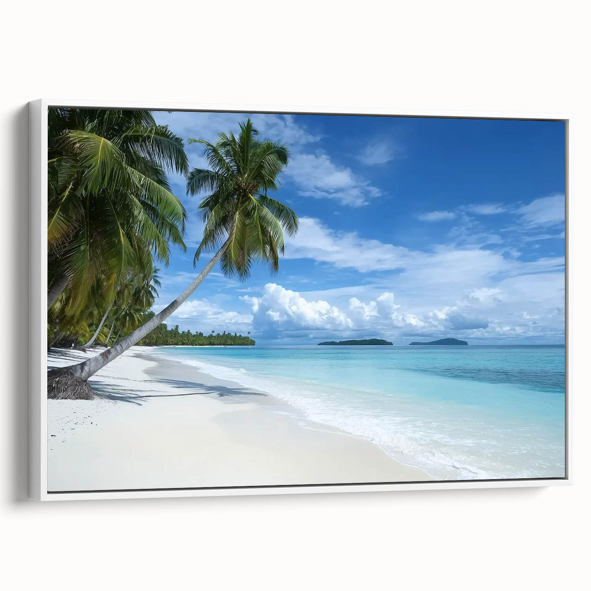 Framed canvas artwork depicting a serene beach landscape with soft waves and a clear blue sky, featuring a white frame that enhances the coastal aesthetic. Ideal for home decor or beach-themed interiors.
