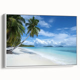 Framed canvas artwork depicting a serene beach landscape with soft waves and a clear blue sky, featuring a white frame that enhances the coastal aesthetic. Ideal for home decor or beach-themed interiors.