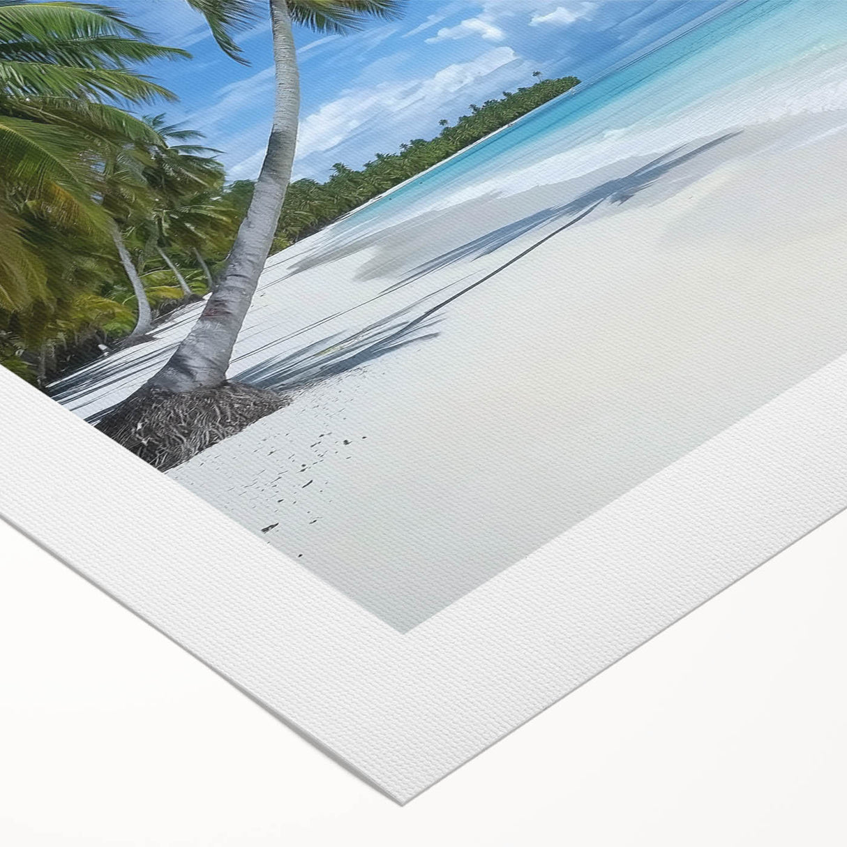 Vibrant rolled canvas artwork depicting a serene beach landscape with soft blue skies and gentle waves, elegantly packaged in a protective cardboard tube.