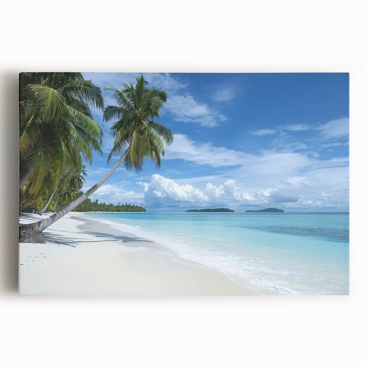Stretched canvas artwork showcasing a vibrant beach landscape with vivid colors, perfect for coastal-themed decor, enhancing any living space or office.