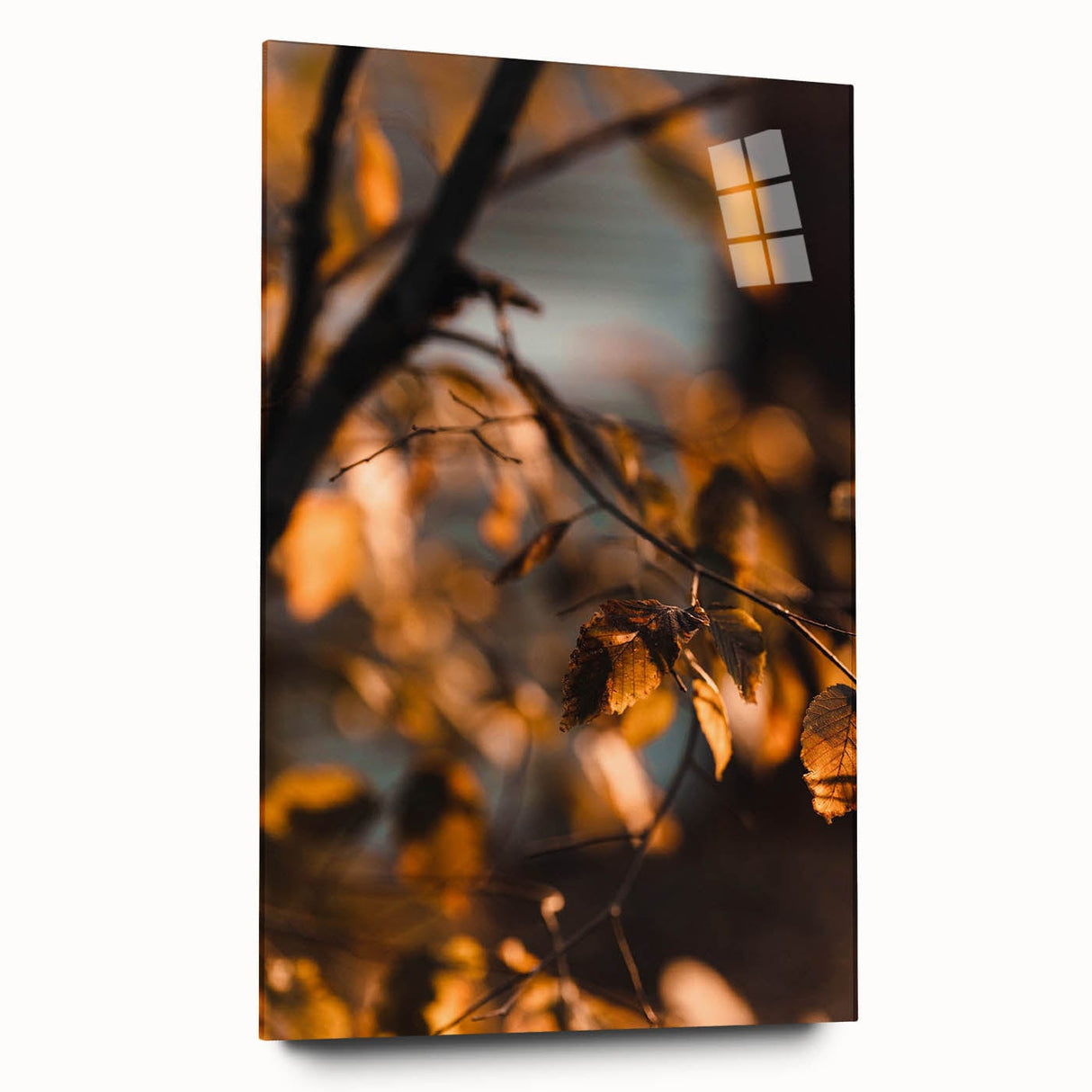Large abstract wall art on acrylic glass featuring swirling autumn hues, ideal for bedroom or dining room decor.
