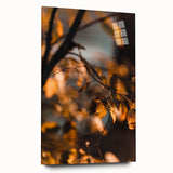 Large abstract wall art on acrylic glass featuring swirling autumn hues, ideal for bedroom or dining room decor.