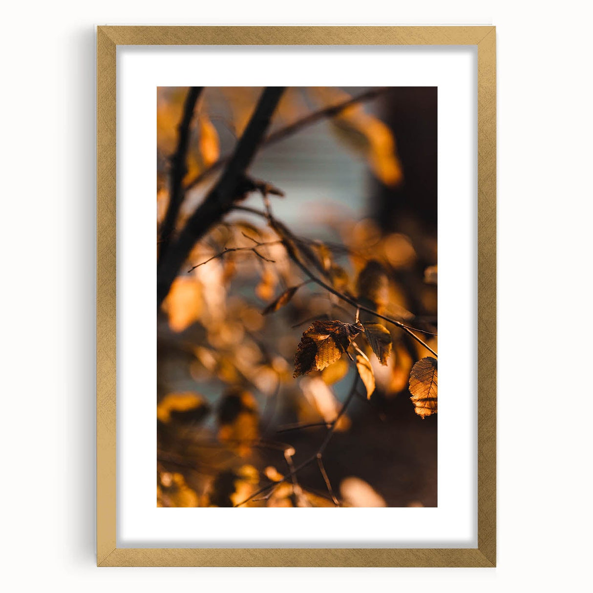 Extra large abstract art print with textured autumn hues on a gold-framed canvas, ideal for living room decor.