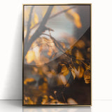 Large art print of a mid-century modernist autumn scene in gold and orange tones, framed acrylic.