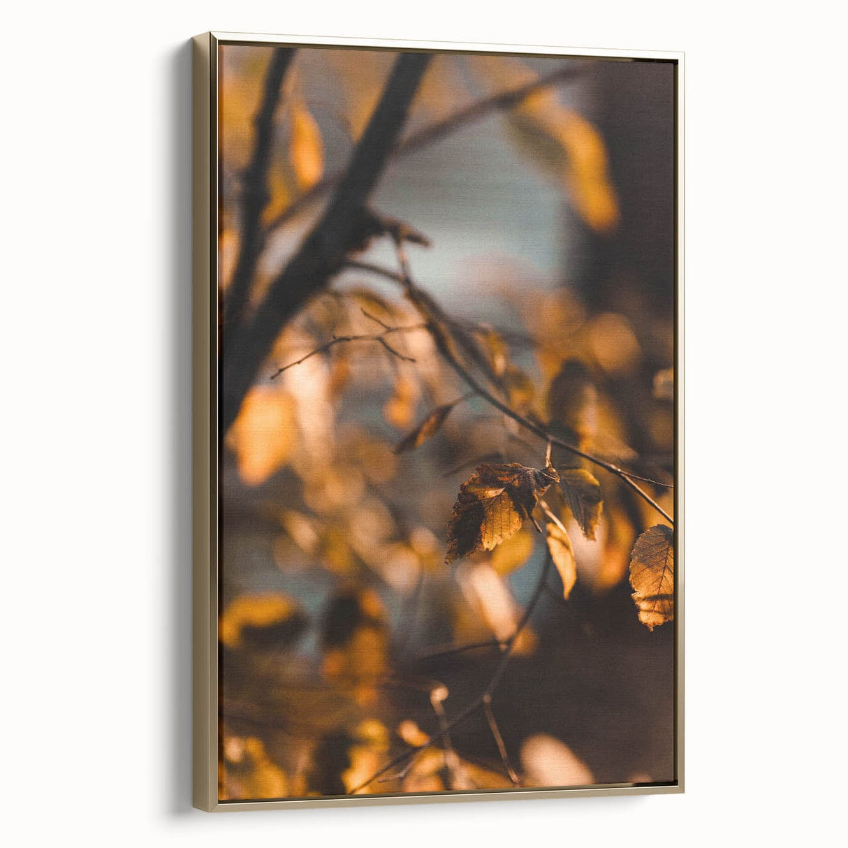Framed canvas featuring a vintage landscape painting of autumn trees, ideal for bedroom wall decor.