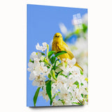 Large abstract wall art depicting spring themes in soft green and yellow tones on acrylic glass.