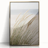 Large art print of a mid-century modernist abstract design in gold and white tones on acrylic.