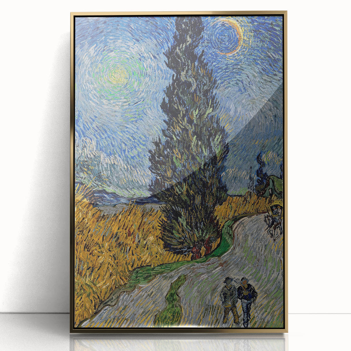 Acrylic print of a Van Gogh-inspired art deco poster in gold frame, suitable for modern art wall decor or nursery.