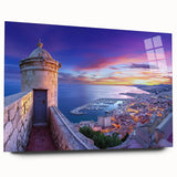 Acrylic glass artwork showcasing a stunning landscape view of a historic castle, emphasizing intricate details and vibrant colors, perfect for home decor.