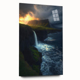 Acrylic landscape artwork depicting dramatic cliffs in vibrant colors, showcased in a sleek glass frame. Ideal for modern home decor, this piece adds elegance and depth to any space.