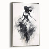 Framed abstract figurative canvas art with a sleek silver frame, showcasing vibrant colors and dynamic shapes, ideal for modern home decor accents.