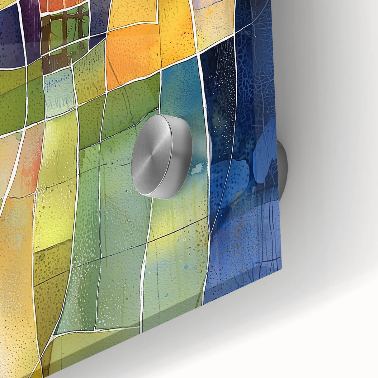 Abstract geometric design in vibrant colors on acrylic glass, showcasing intricate patterns and textures, perfect for modern home decor or art collections.