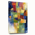 Abstract geometric acrylic glass artwork in vibrant colors, displayed from a side view with decorative pins, perfect for modern decor and artistic expression.