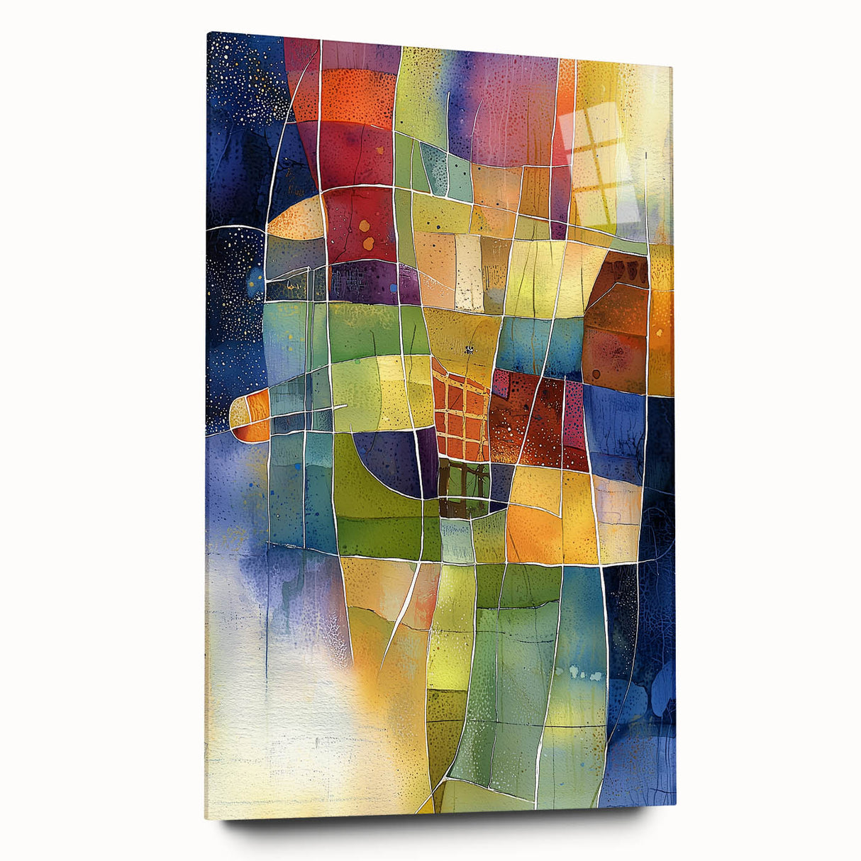 Abstract geometric acrylic glass artwork showcasing a side view design with vibrant colors and smooth edges, ideal for modern decor and artistic displays.