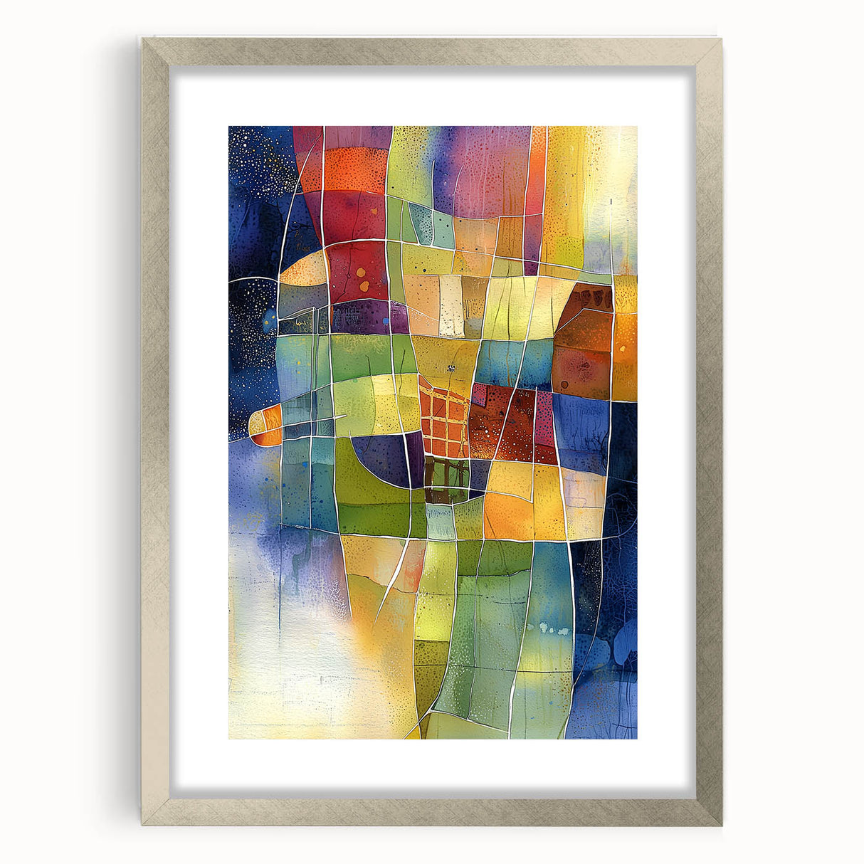 Abstract geometric frame in silver with a mat, showcasing a minimalist design perfect for modern decor. Ideal for displaying artwork or photographs in contemporary settings.