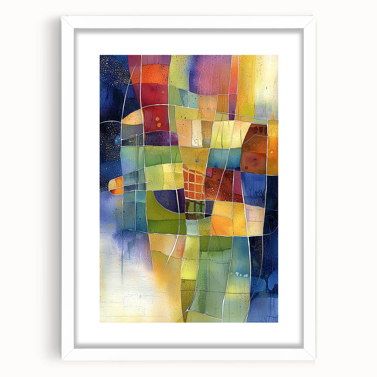 Abstract geometric frame design in white with a matte finish, showcasing a modern artistic style perfect for contemporary home decor. The frame highlights a unique blend of shapes and lines, ideal for enhancing interior spaces.