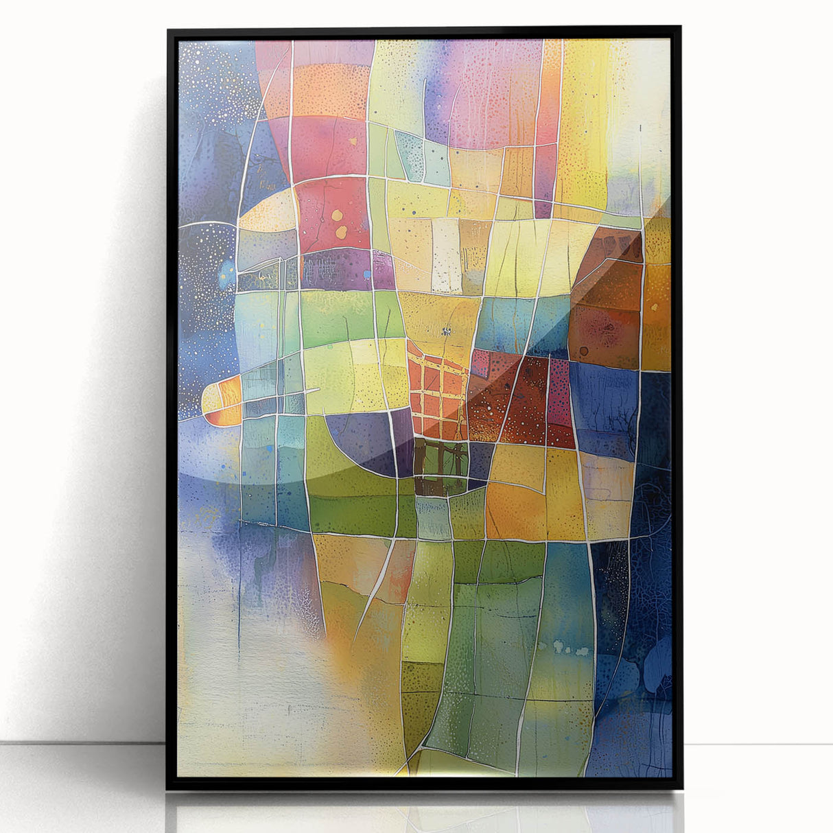 Framed abstract geometric wall art in black acrylic, showcasing sharp angles and modern design elements, ideal for contemporary decor and artistic spaces.