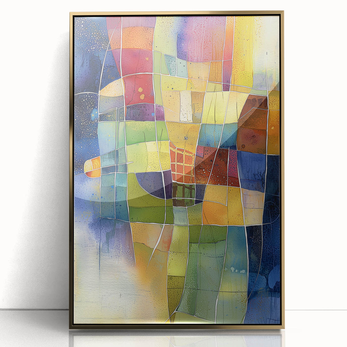 Framed acrylic artwork showcasing an abstract geometric design in gold tones, set against a sleek black frame, perfect for modern home decor.