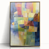 Framed acrylic artwork showcasing an abstract geometric design in gold tones, set against a sleek black frame, perfect for modern home decor.