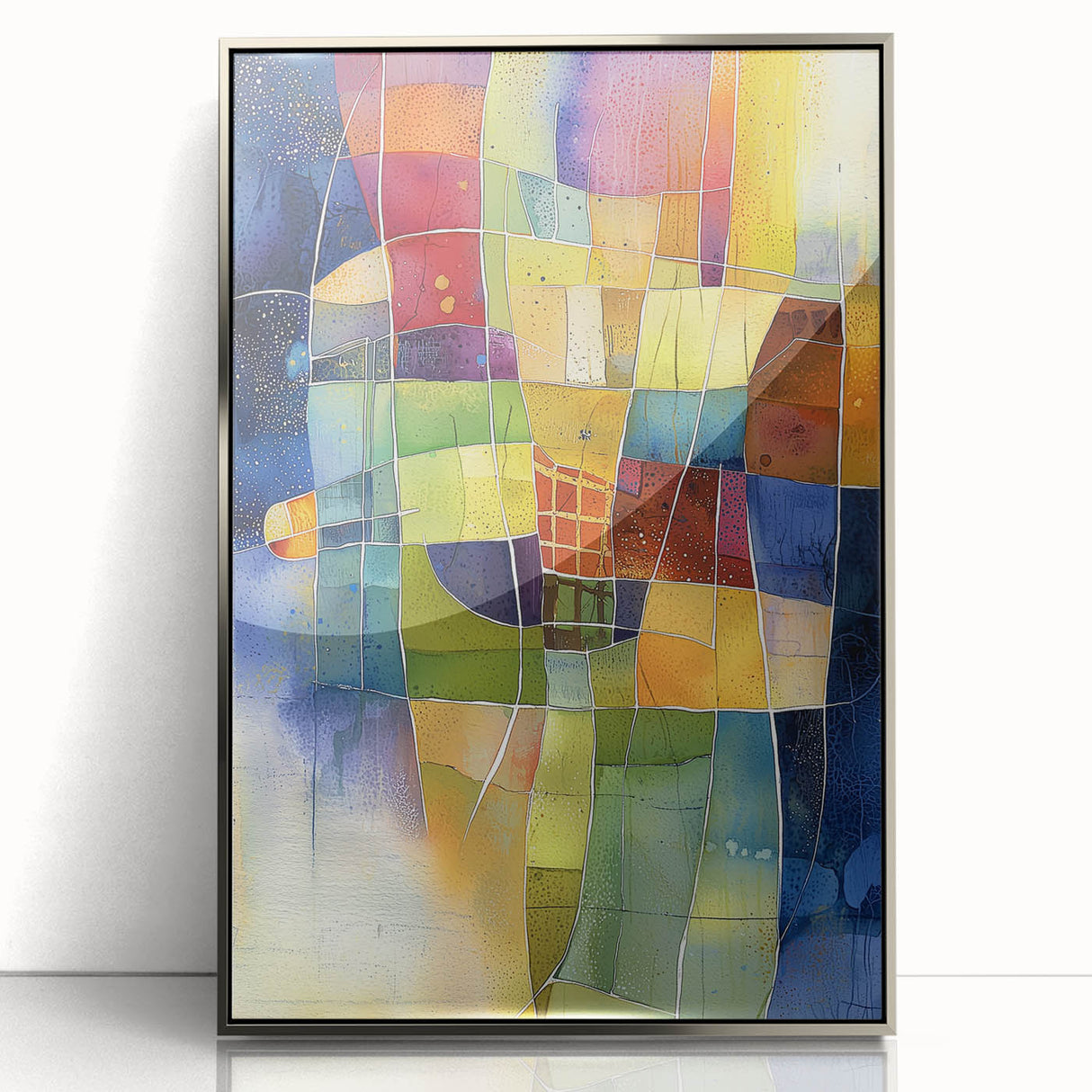 Framed acrylic artwork showcasing a modern abstract geometric design in silver hues, perfect for contemporary home decor. The striking visual adds elegance and sophistication to any space.