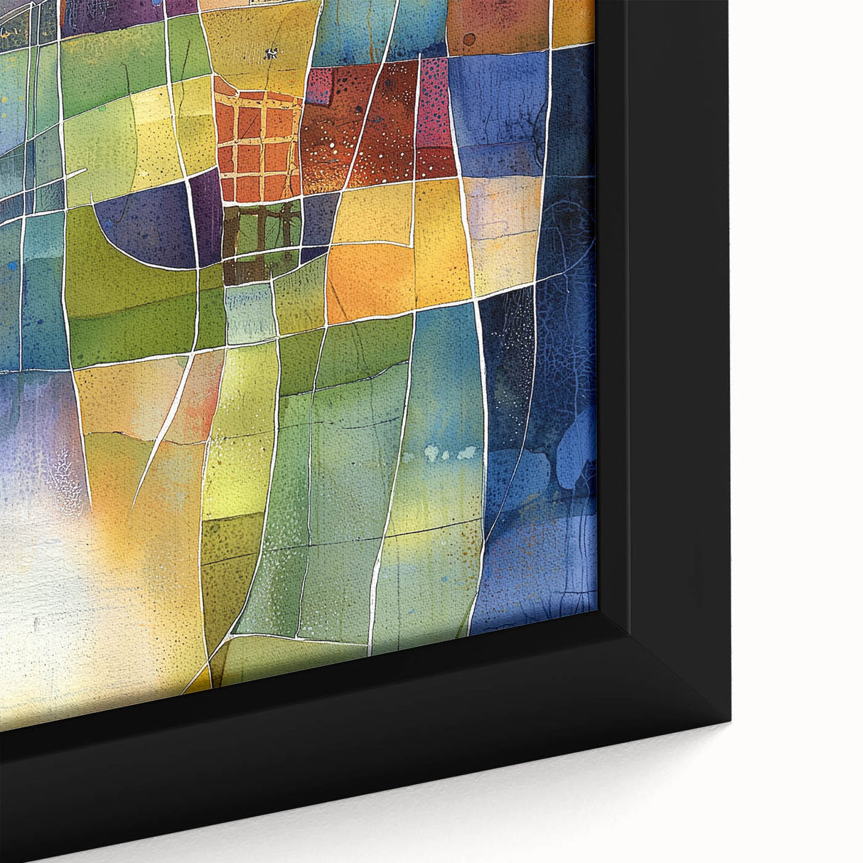 Close-up of abstract geometric framed canvas art showcasing vibrant colors and intricate patterns, perfect for modern home decor. Ideal for art enthusiasts seeking unique wall decor solutions.
