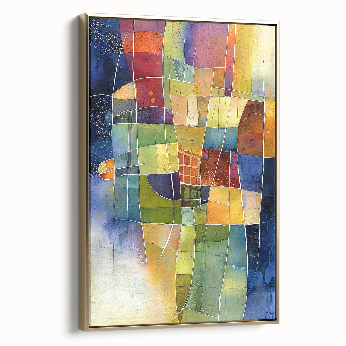 Framed abstract geometric canvas art with a gold finish, showcasing a modern design in a side view, perfect for contemporary home decor.