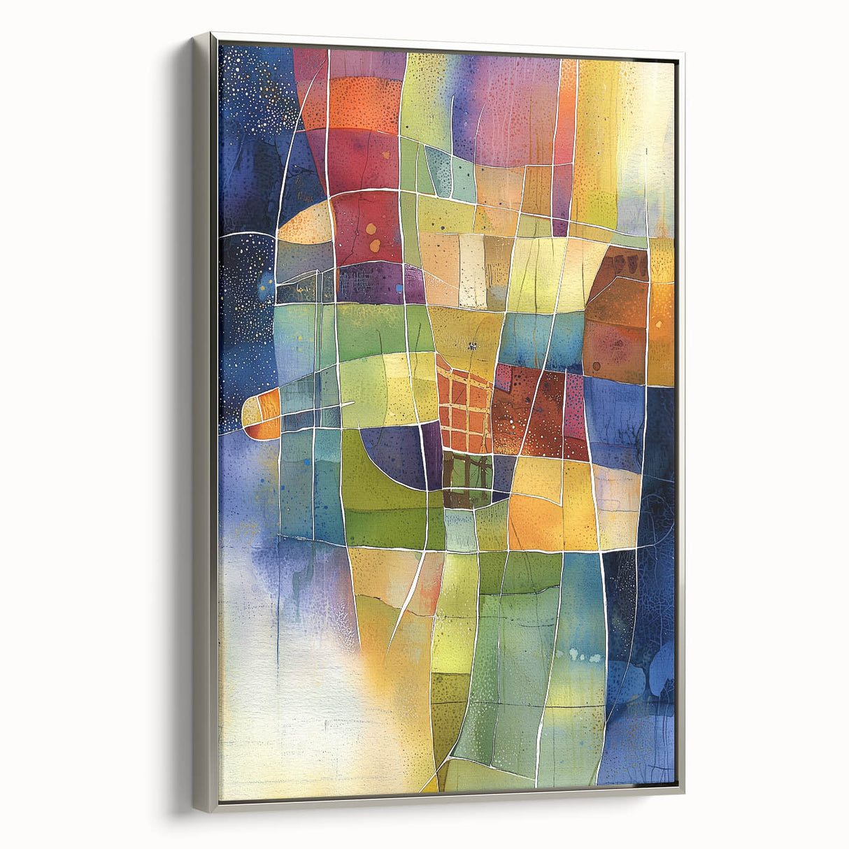 Framed abstract geometric canvas art in silver, showcasing intricate patterns and modern design elements, perfect for contemporary home decor.