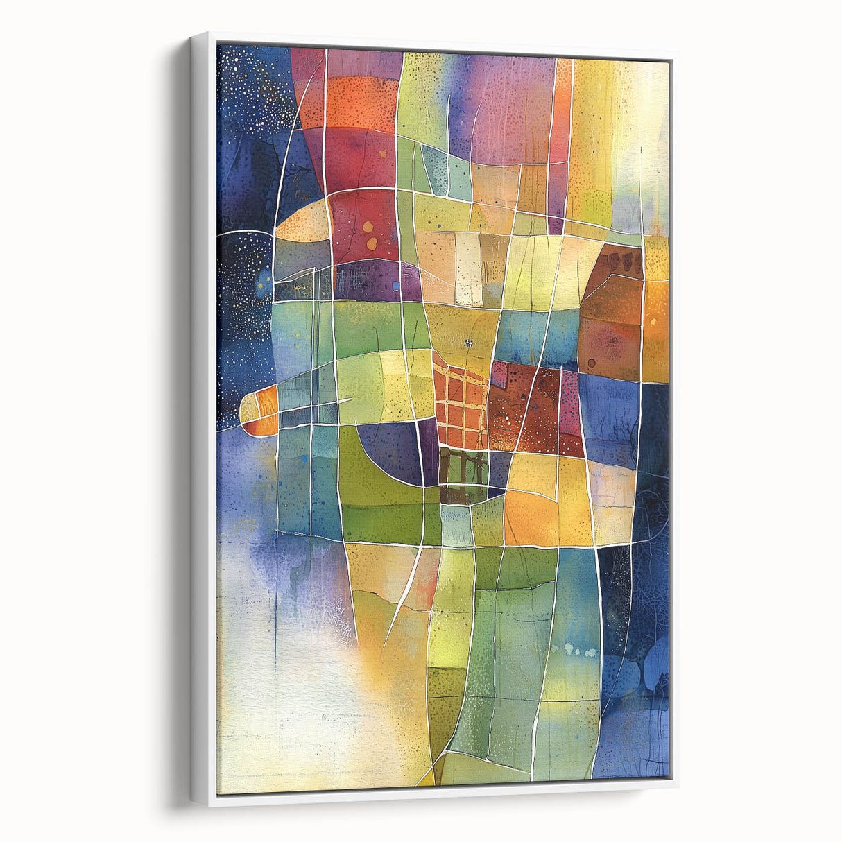 Framed geometric abstract canvas artwork in a sleek white frame, showcasing bold shapes and lines, perfect for modern home decor. Ideal for enhancing contemporary interiors.