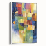 Framed geometric abstract canvas artwork in a sleek white frame, showcasing bold shapes and lines, perfect for modern home decor. Ideal for enhancing contemporary interiors.