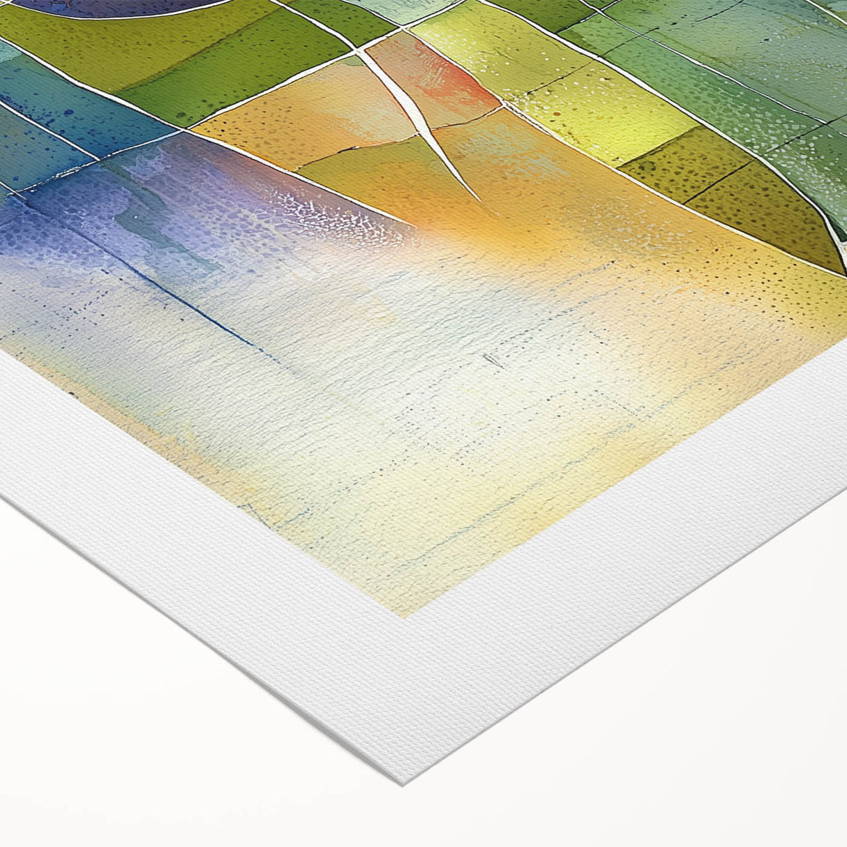 Abstract geometric rolled canvas artwork featuring vibrant colors and intricate shapes, designed to enhance modern interiors, packaged securely in a sturdy tube.