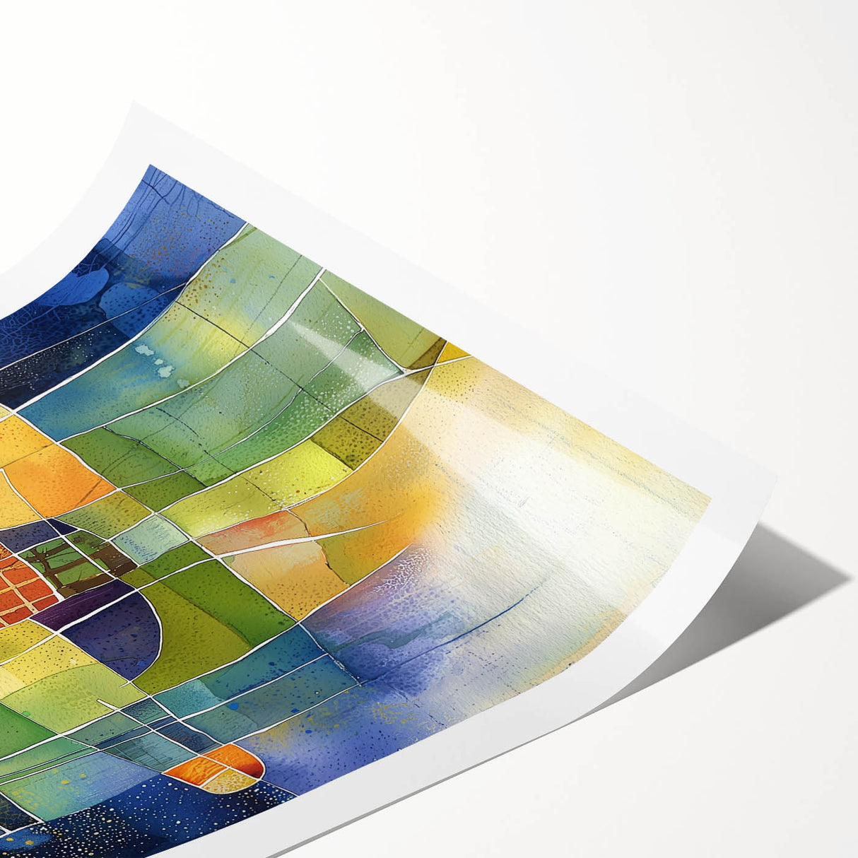 Abstract geometric rolled print showcasing vibrant colors and intricate shapes, elegantly packaged in a protective cardboard tube, ideal for modern decor.