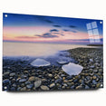 Acrylic landscape artwork depicting vibrant beach scenery, showcasing gentle waves and a clear sky, presented in a side view with decorative pins. Perfect for beach-themed home decor.