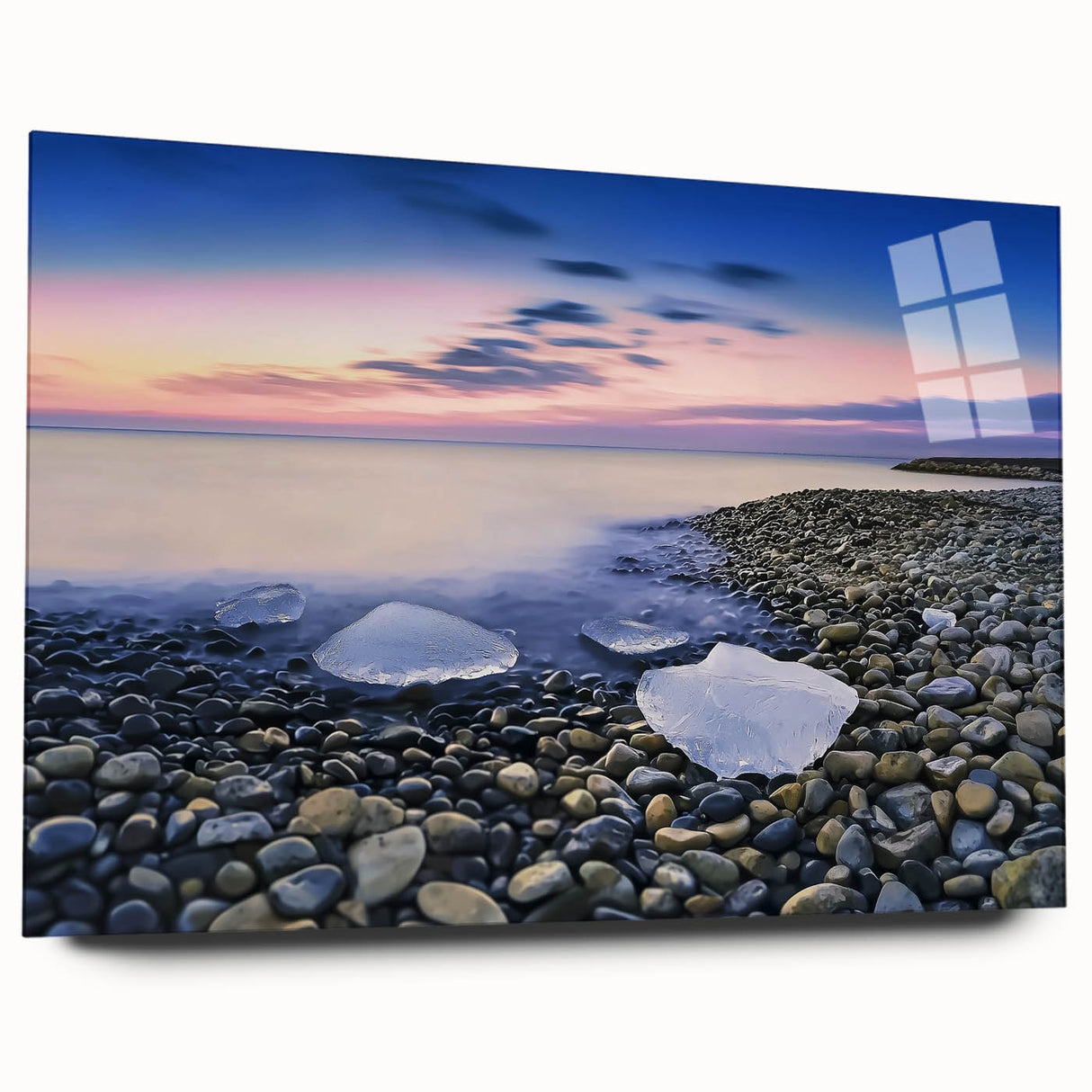Vibrant acrylic landscape artwork of serene beaches displayed in a sleek glass frame, showcasing vivid colors and intricate details, perfect for coastal decor.