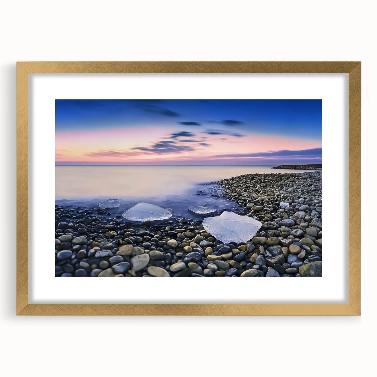 Elegant landscape artwork of serene beaches in a gold frame with a mat, showcasing vibrant colors and intricate details, perfect for home decor enhancement.