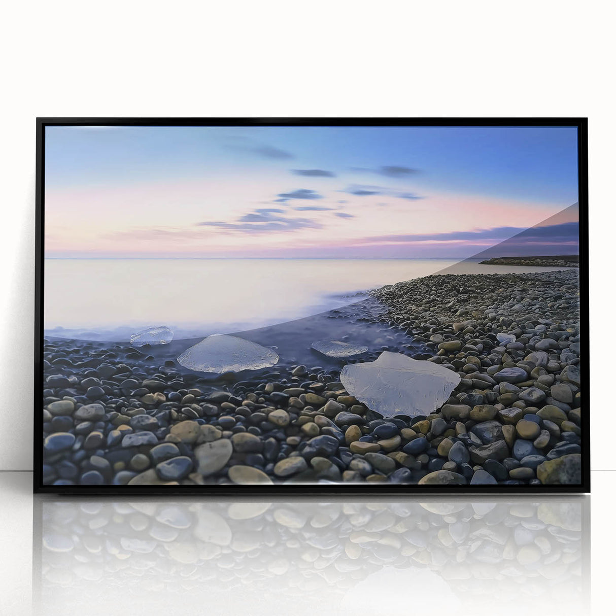 Framed acrylic artwork depicting a serene beach landscape, featuring vibrant colors and detailed textures, perfect for home decor or office settings.