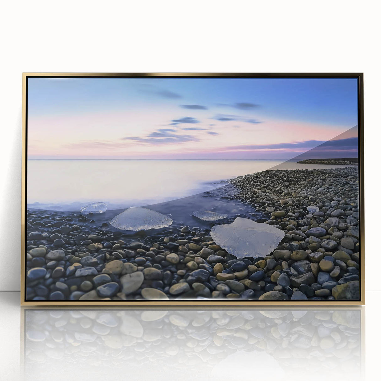 Framed acrylic artwork showcasing a vibrant beach landscape with golden accents, perfect for modern home decor, enhancing coastal-themed interiors.