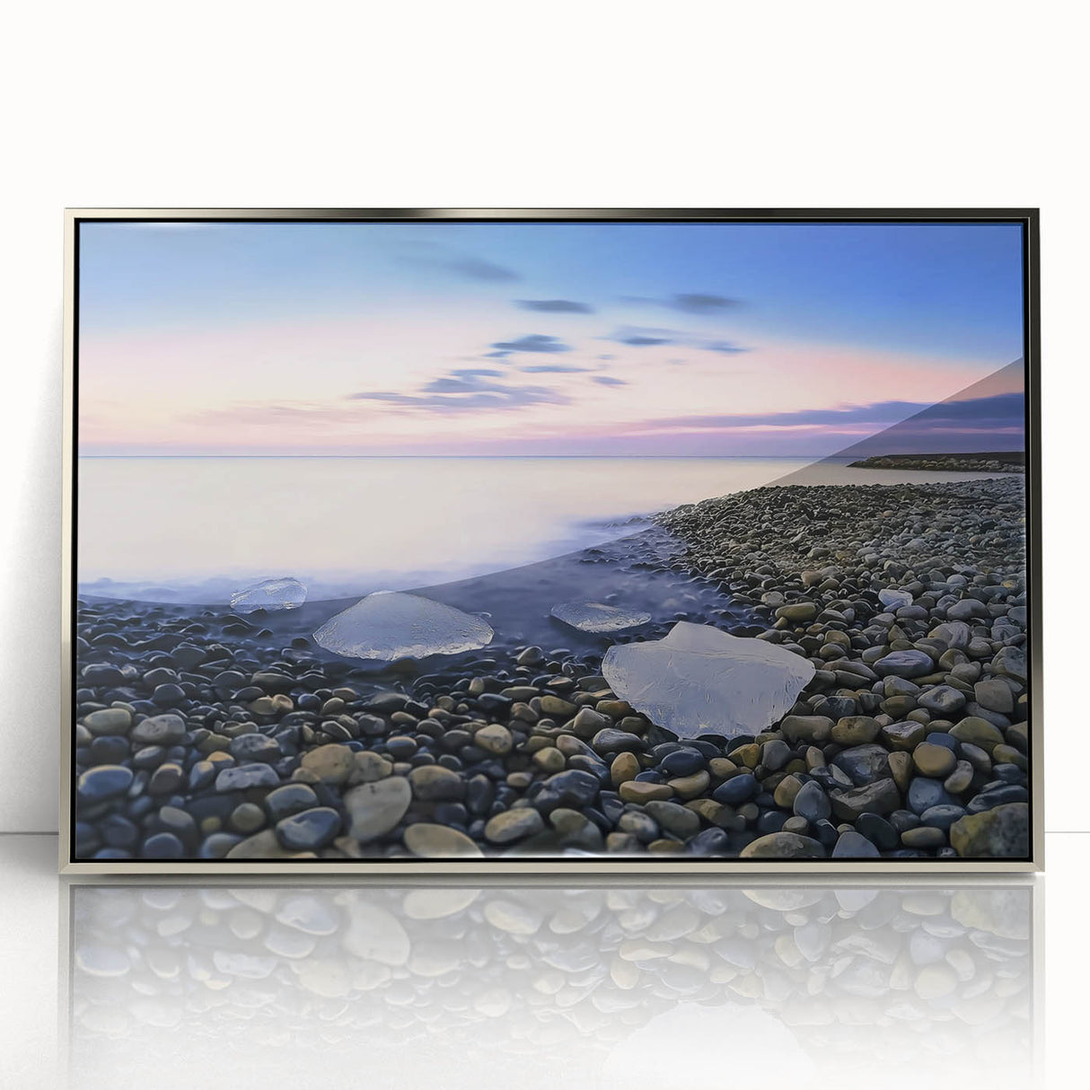 Framed acrylic artwork showcasing a serene beach landscape with vibrant colors, capturing the essence of coastal tranquility, perfect for home decor.