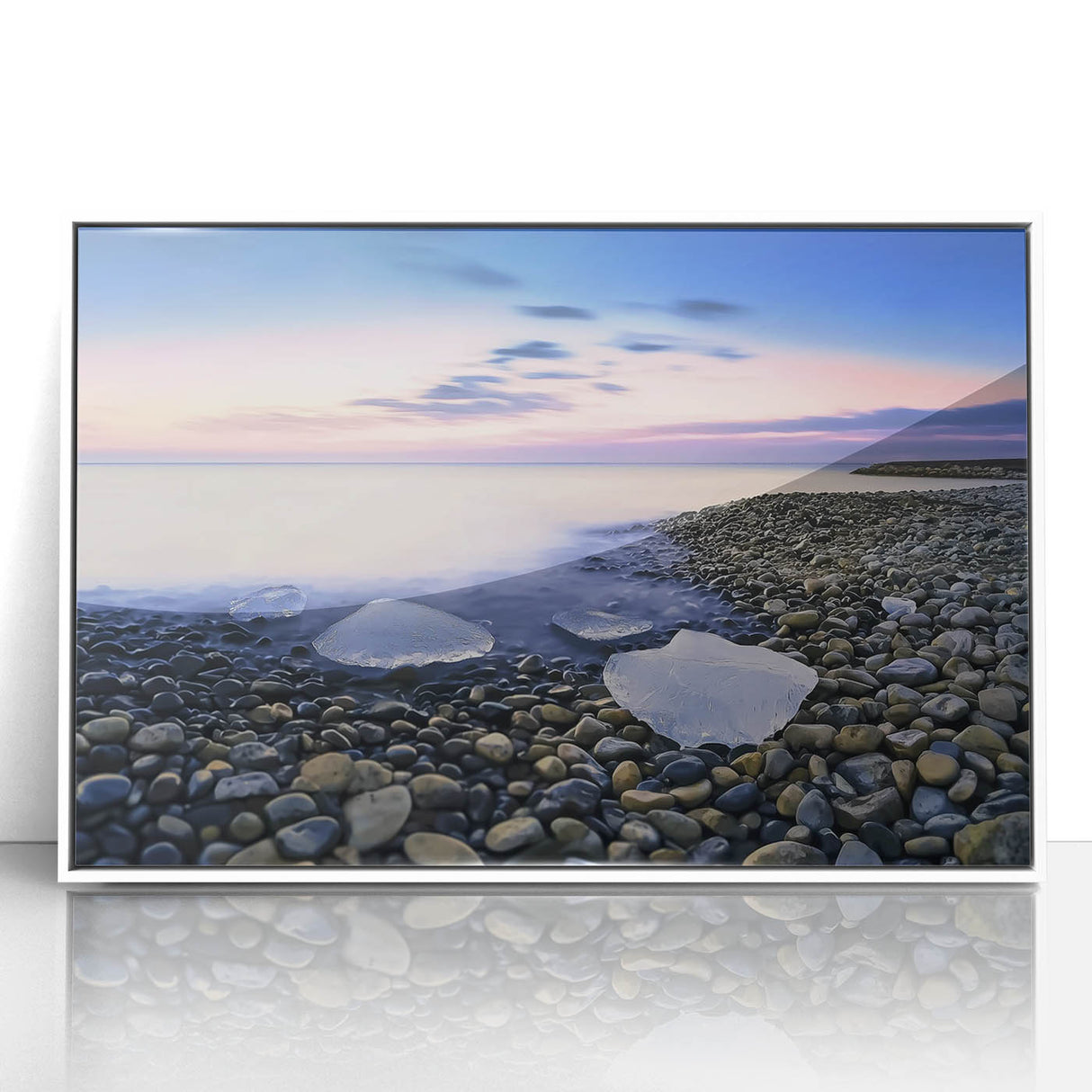 Framed acrylic artwork showcasing a serene beach landscape with vibrant colors, perfect for home decor. The piece features a white frame that enhances its coastal charm.