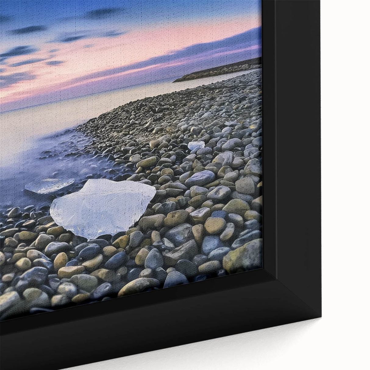 Close-up of a framed landscape canvas featuring a serene beach scene with vibrant blue skies, golden sand, and gentle waves, ideal for coastal decor enthusiasts.