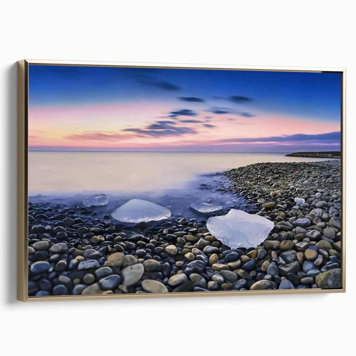 Framed canvas artwork depicting a serene beach landscape with golden accents, showcasing vibrant colors and tranquil scenery, perfect for coastal-themed decor.